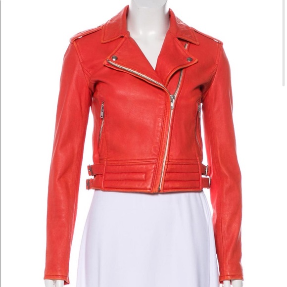 IRO Zefir Leather Biker Moto Jacket 38 Red Orange Coral - Picture 6 of 8